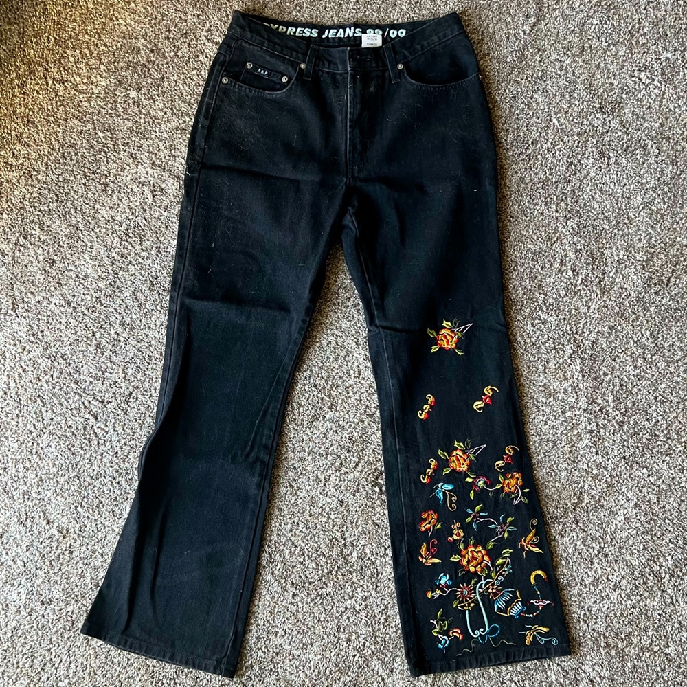 Vintage embroidered express 99/00 black denim flare jeans